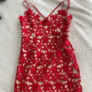 AMAZING nude dress with red embroidered designs perfect for any night out.